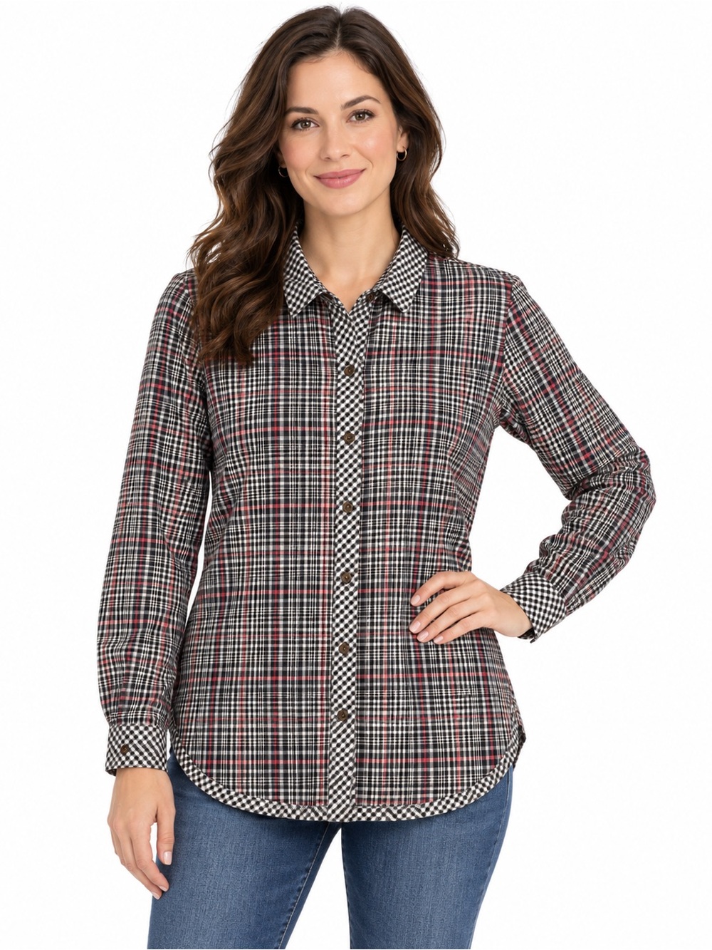 Plaid Button-Front Shirt - Black, White & Red - 1135